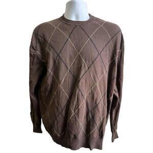 🧶 J. Ferrar L Brown Argyle Sweater 100% Cotton Preppy 90s Y2K Knit Layer